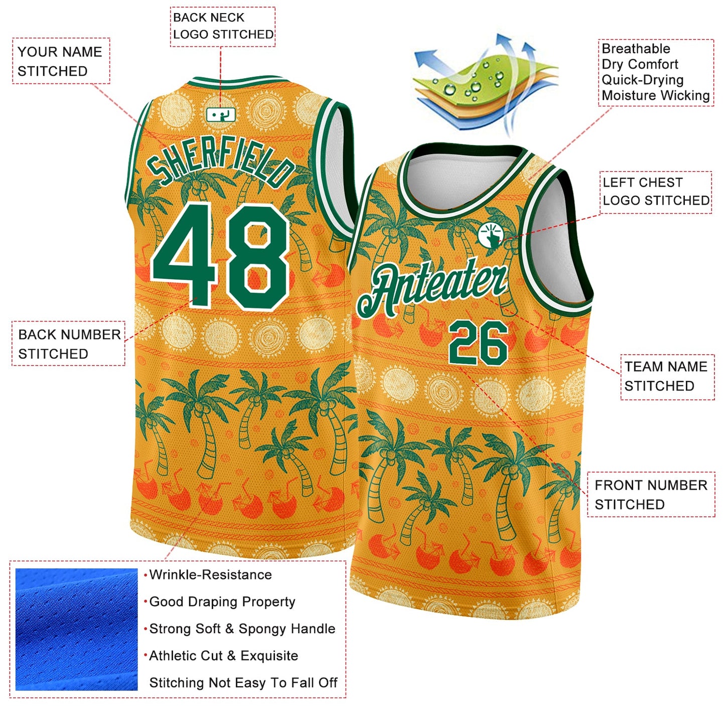 Custom Bay Orange Kelly Green-White 3D Pattern Hawaii Beach Palm Trees Authentic Basketball Jersey view 2