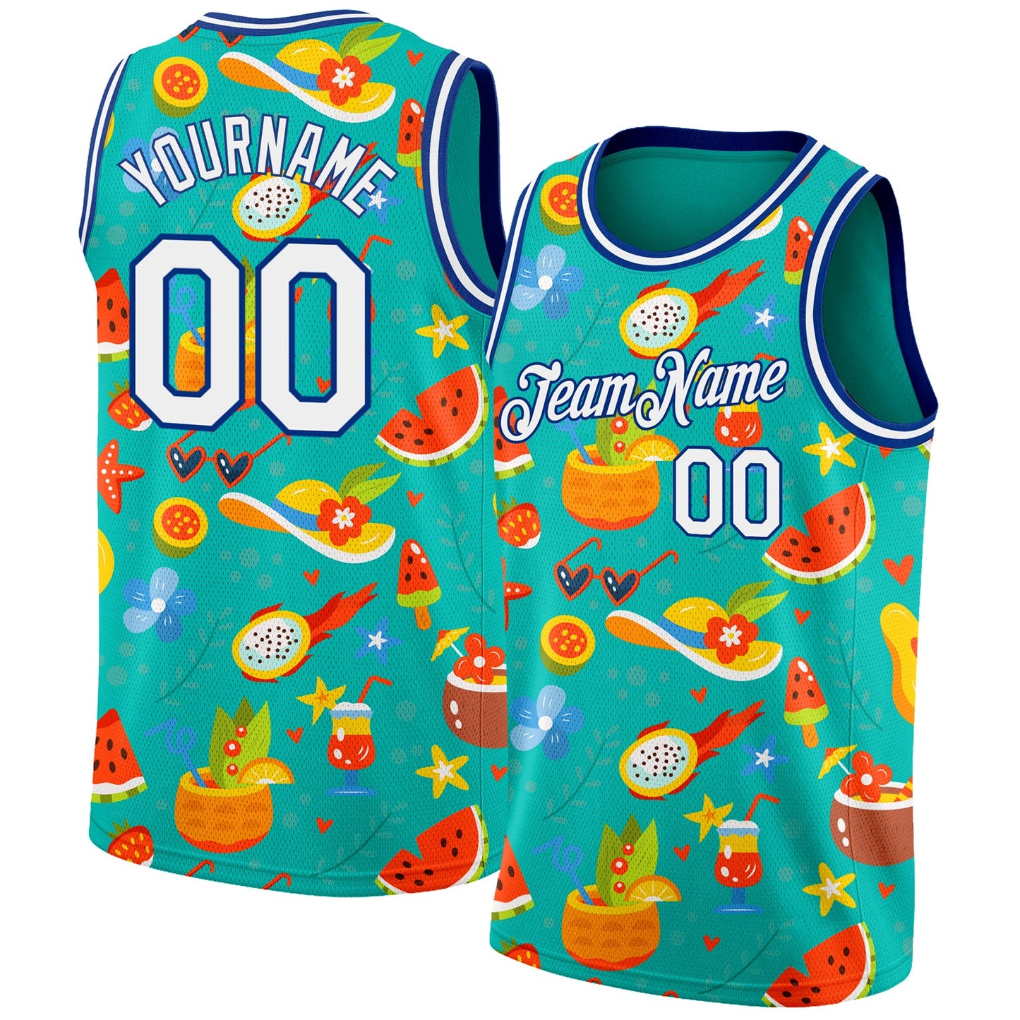 Custom Aqua White-Royal 3D Pattern Summer Hawaii Beach Holiday Authentic Basketball Jersey - Main View