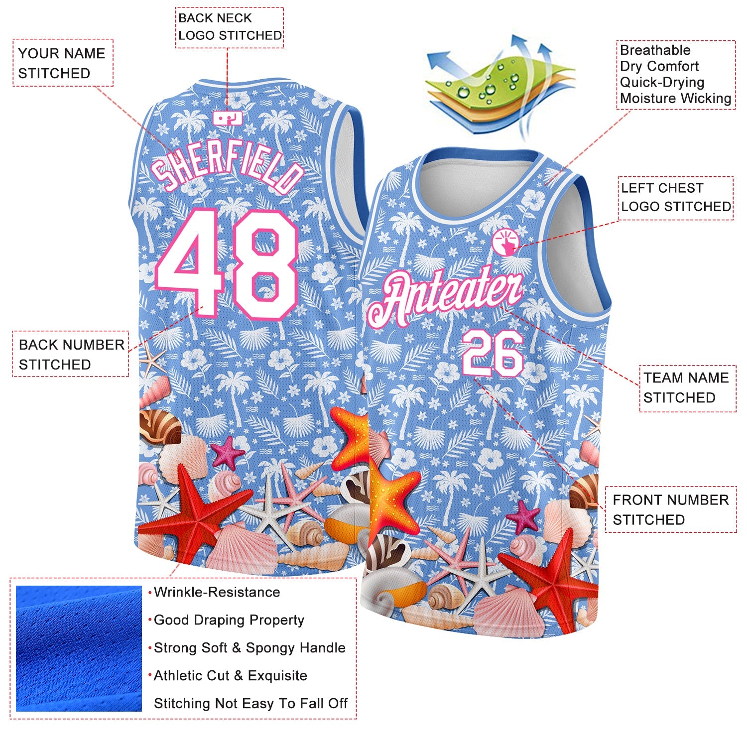 Custom Light Blue White-Pink 3D Pattern Hawaii Palm Trees And Starfishes Authentic Basketball Jersey view 2