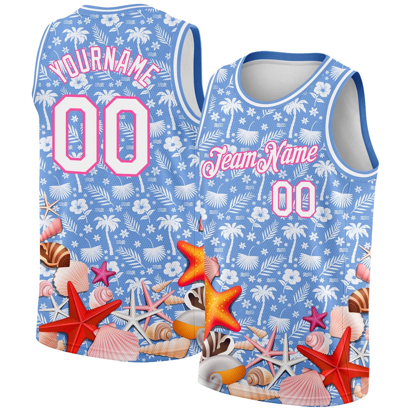 Custom Light Blue White-Pink 3D Pattern Hawaii Palm Trees And Starfishes Authentic Basketball Jersey - Main View