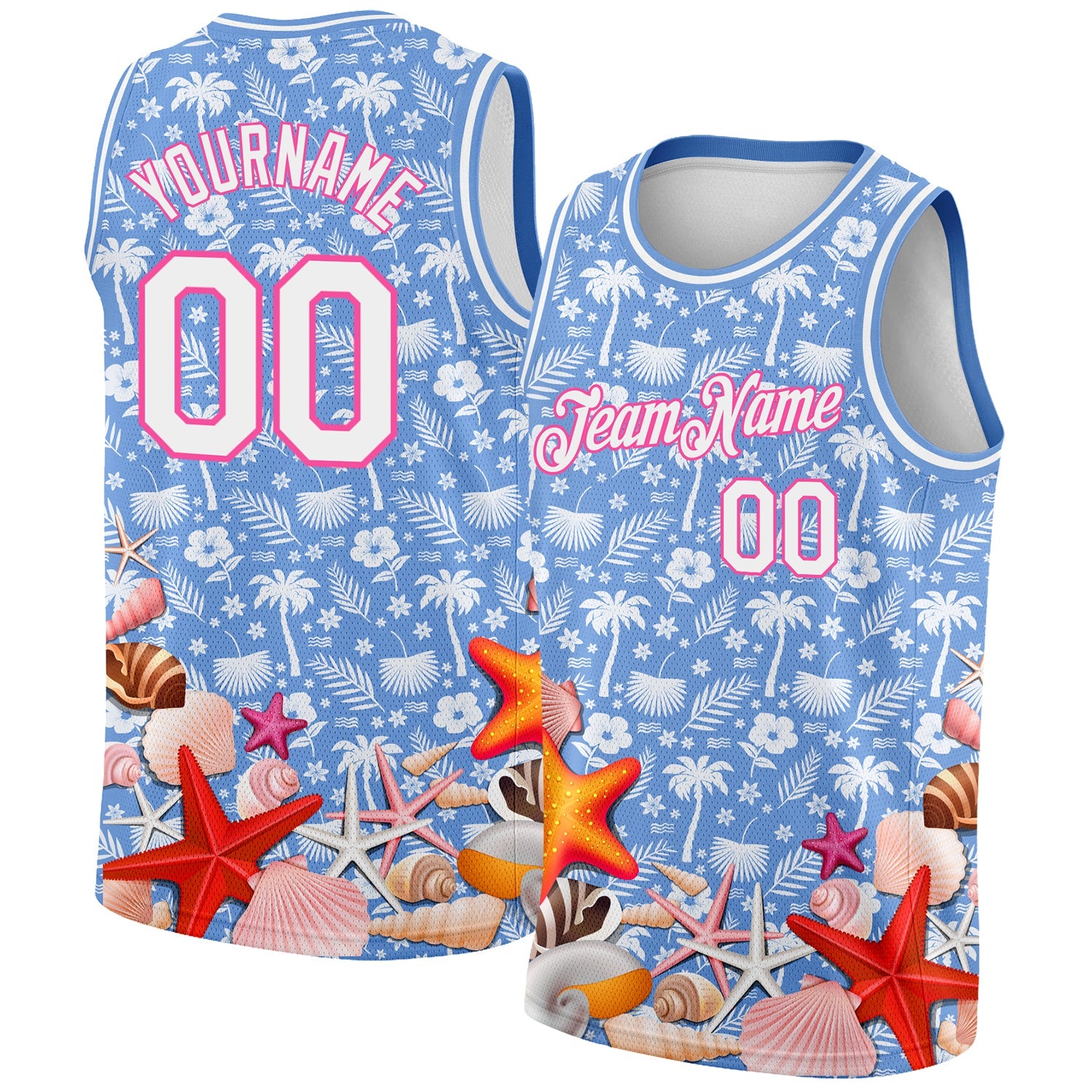 Custom Light Blue White-Pink 3D Pattern Hawaii Palm Trees And Starfishes Authentic Basketball Jersey - Main View