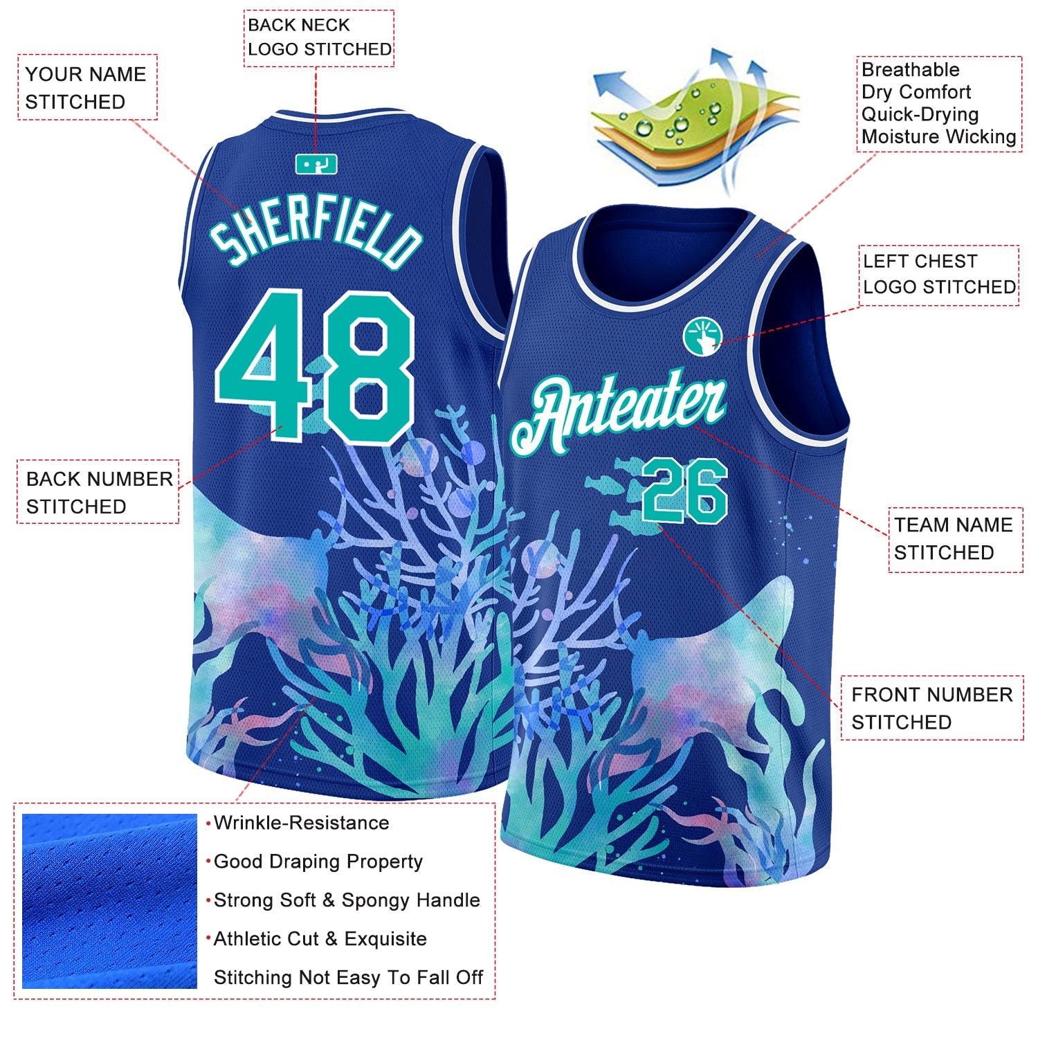 Custom Royal Aqua-White 3D Pattern Design Ocean World Authentic Basketball Jersey view 2
