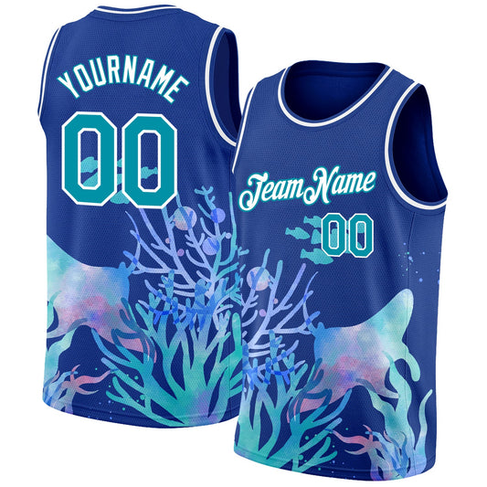Custom Royal Aqua-White 3D Pattern Design Ocean World Authentic Basketball Jersey - Main View