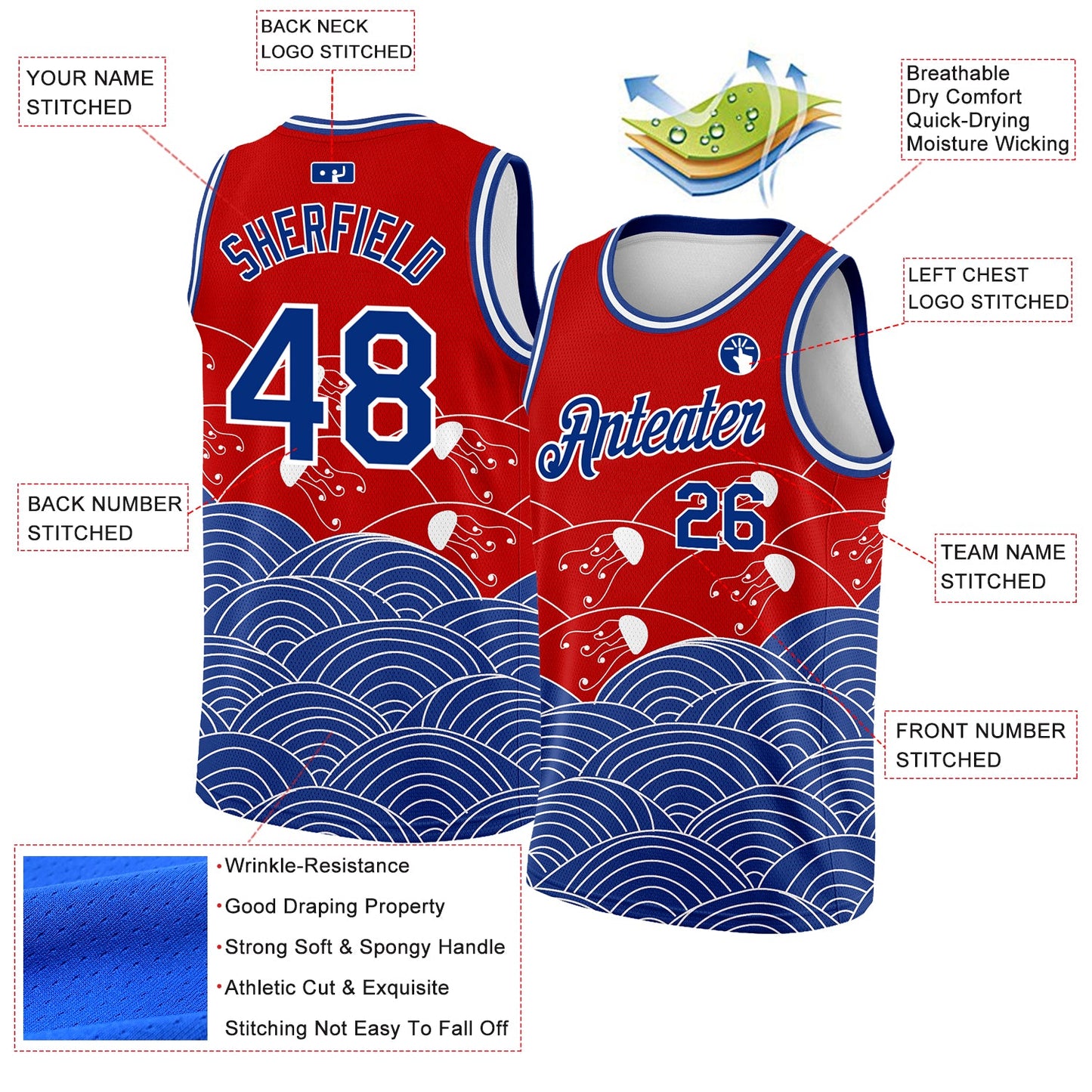 Custom Red Royal-White 3D Pattern Design Jellyfish Authentic Basketball Jersey view 2