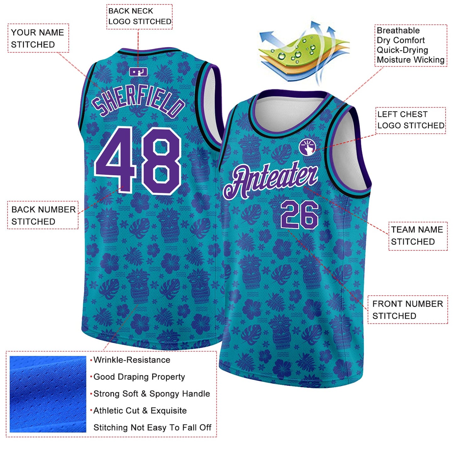 Custom Teal Purple-White 3D Pattern Hawaii Palm Trees Authentic Basketball Jersey view 2