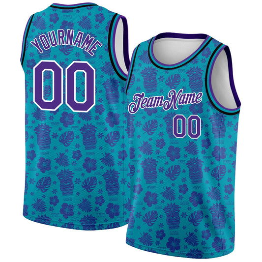Custom Teal Purple-White 3D Pattern Hawaii Palm Trees Authentic Basketball Jersey - Main View