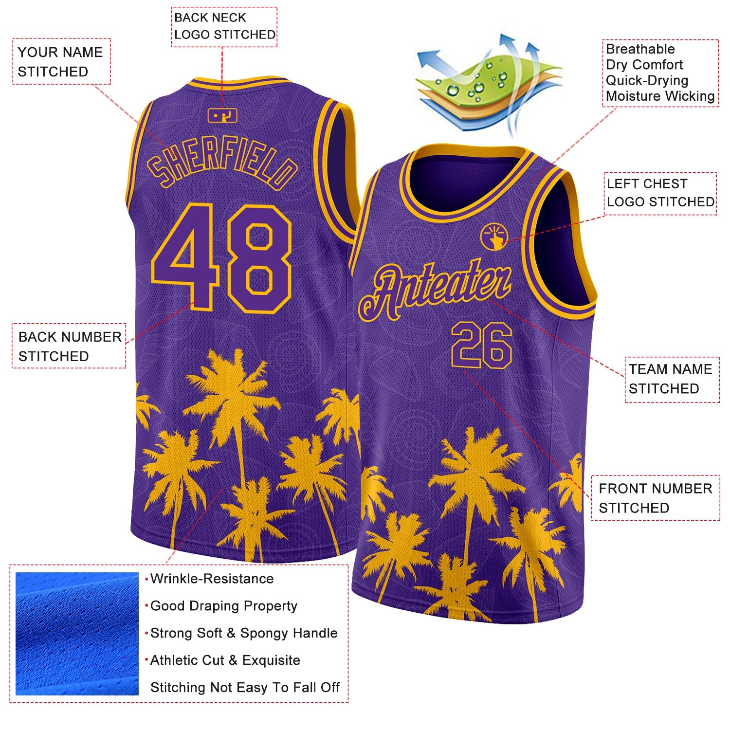 Custom Purple Gold 3D Pattern Hawaii Palm Trees Authentic Basketball Jersey view 2