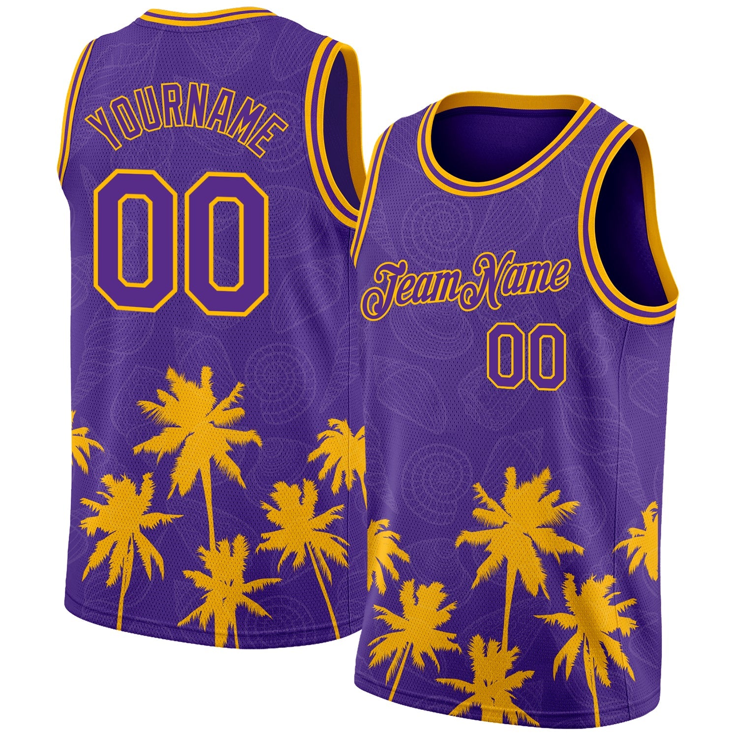 Custom Purple Gold 3D Pattern Hawaii Palm Trees Authentic Basketball Jersey - Main View