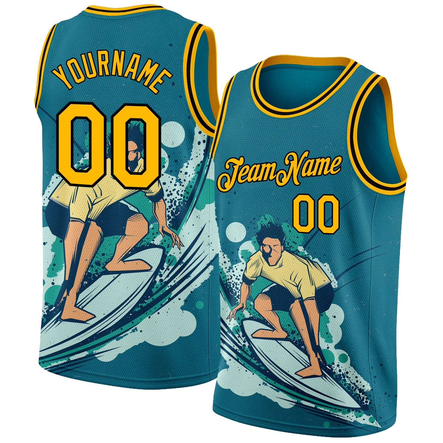 Custom Teal Gold-Black 3D Pattern Beach Surfing Authentic Basketball Jersey - Main View