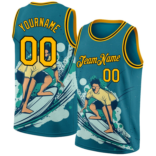 Custom Teal Gold-Black 3D Pattern Beach Surfing Authentic Basketball Jersey - Main View
