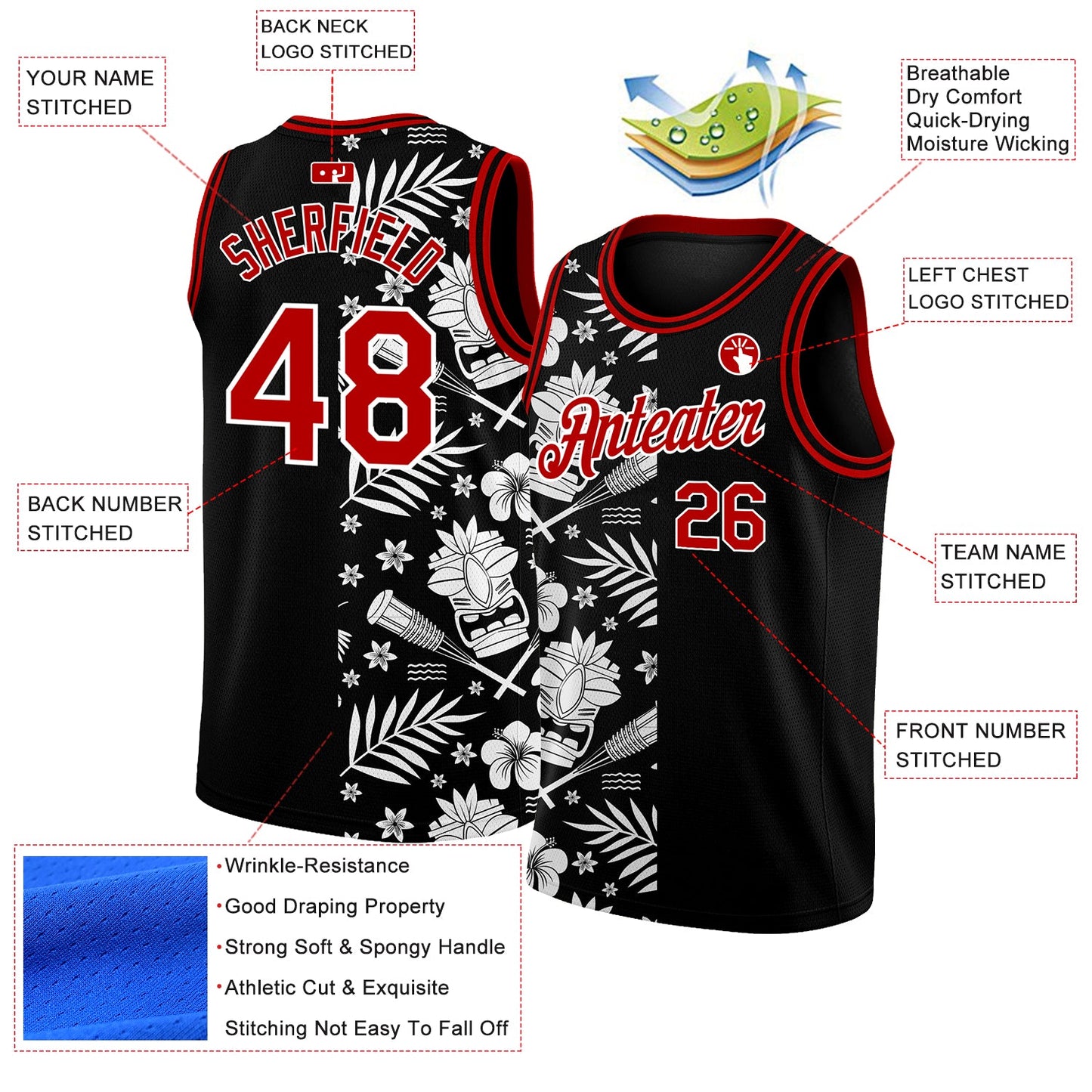 Custom Black Red-White 3D Pattern Hawaii Palm Leaves Authentic Basketball Jersey view 2