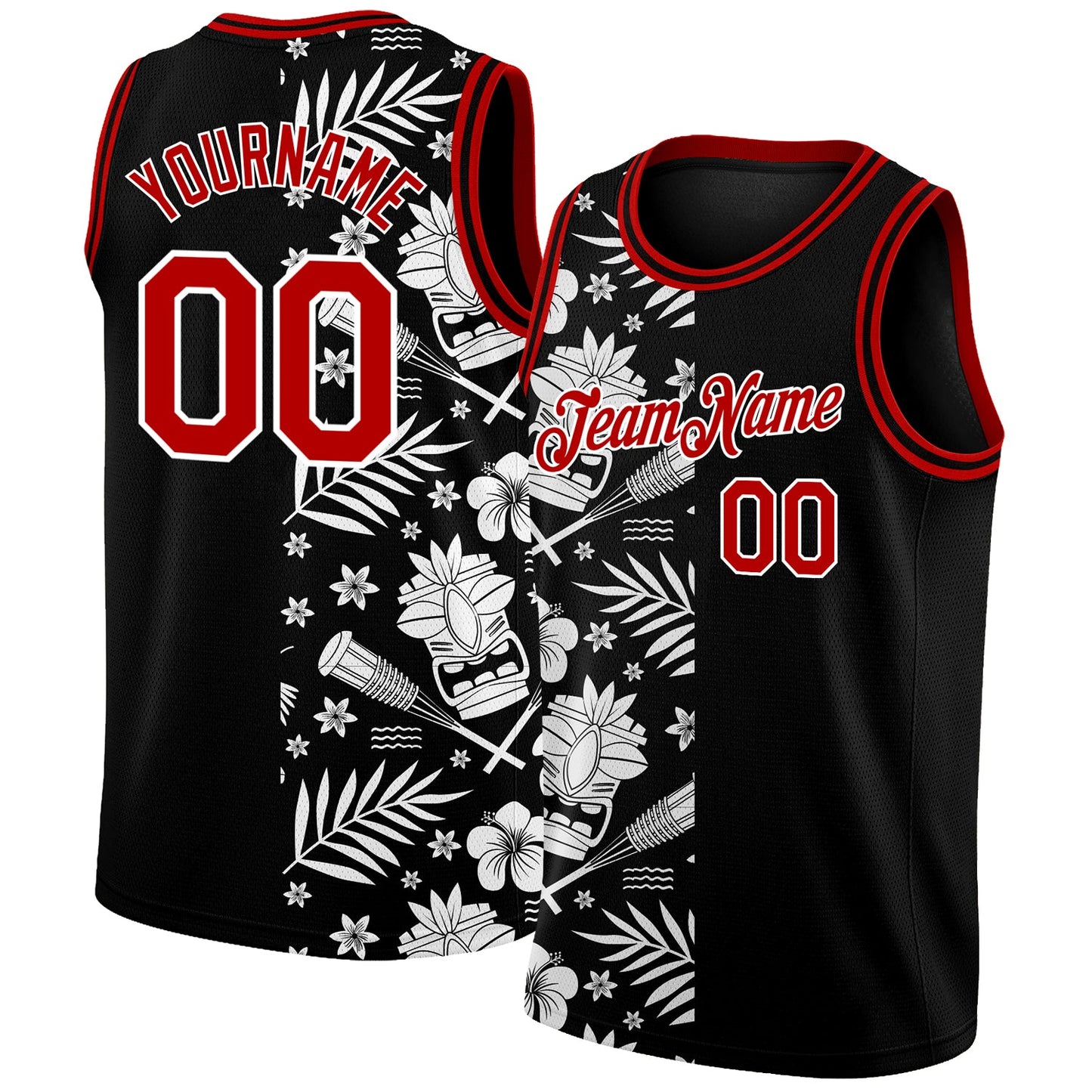 Custom Black Red-White 3D Pattern Hawaii Palm Leaves Authentic Basketball Jersey - Main View