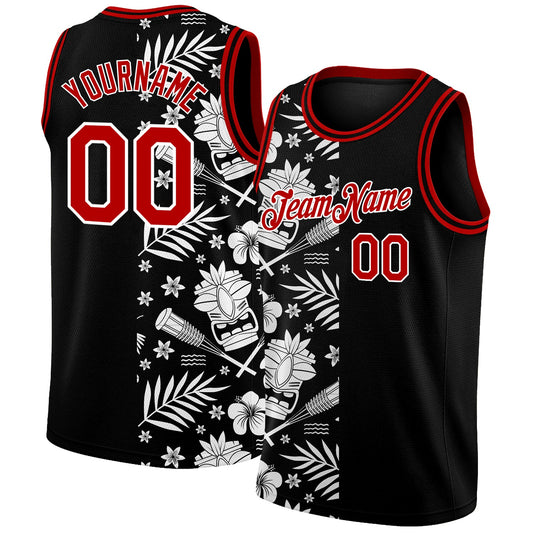 Custom Black Red-White 3D Pattern Hawaii Palm Leaves Authentic Basketball Jersey - Main View