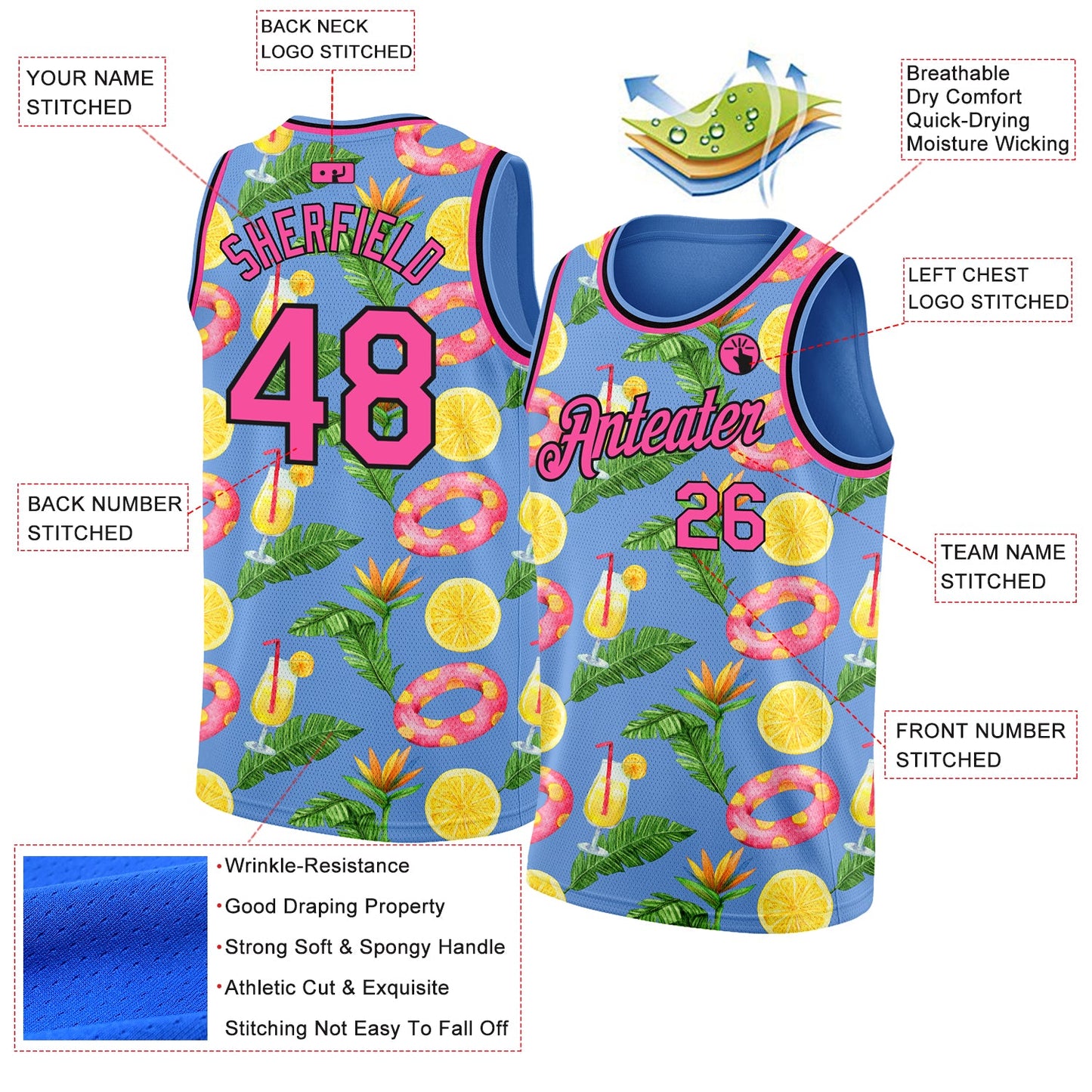 Custom Light Blue Pink-Black 3D Pattern Summer Hawaii Beach Holiday Authentic Basketball Jersey view 2