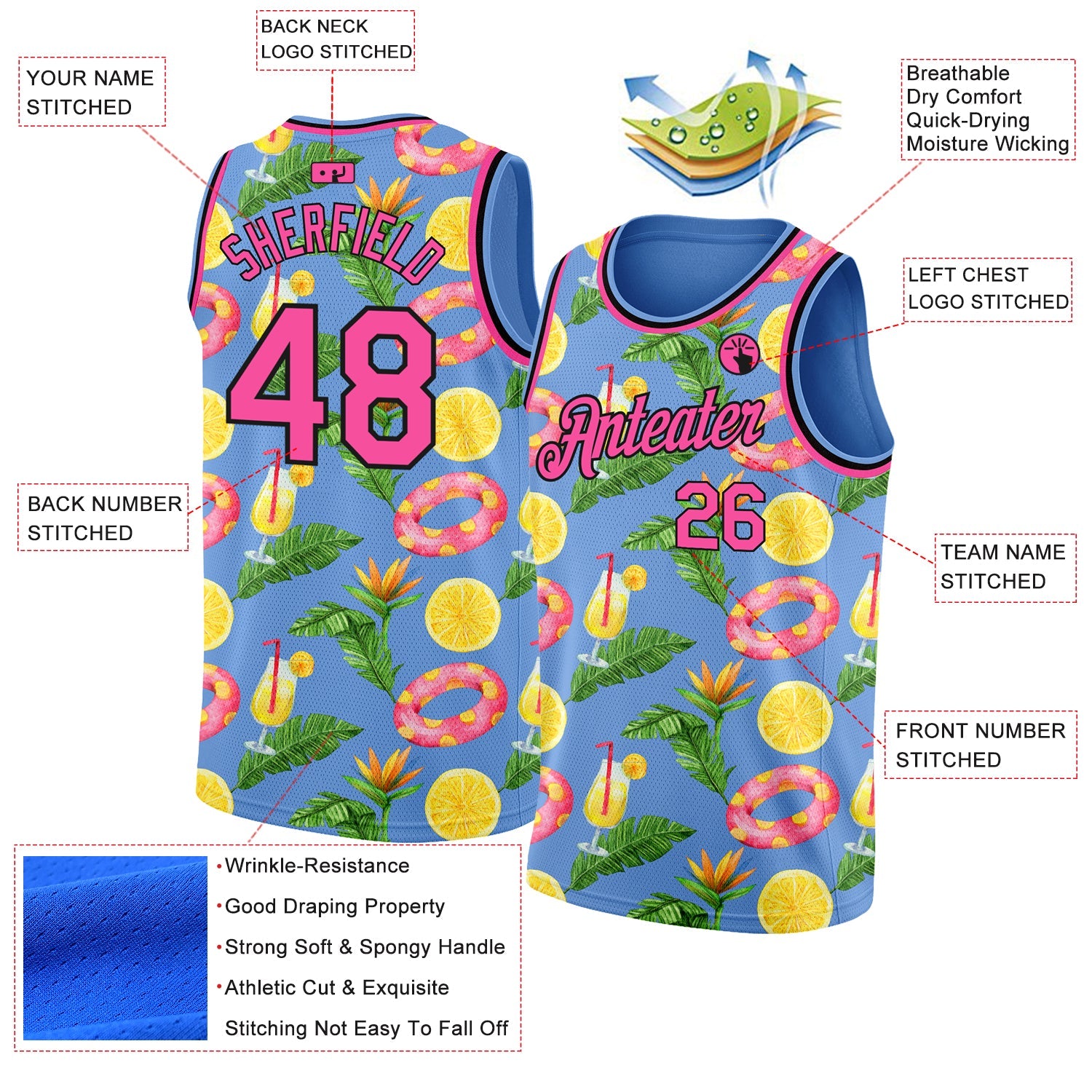 Custom Light Blue Pink-Black 3D Pattern Summer Hawaii Beach Holiday Authentic Basketball Jersey view 2