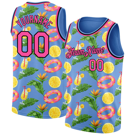 Custom Light Blue Pink-Black 3D Pattern Summer Hawaii Beach Holiday Authentic Basketball Jersey - Main View