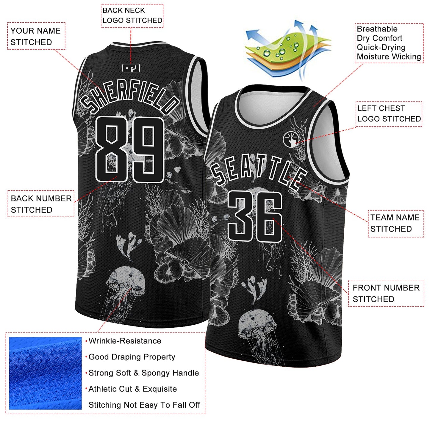 Custom Black White 3D Pattern Design Jellyfishes And Seashells Authentic Basketball Jersey view 2