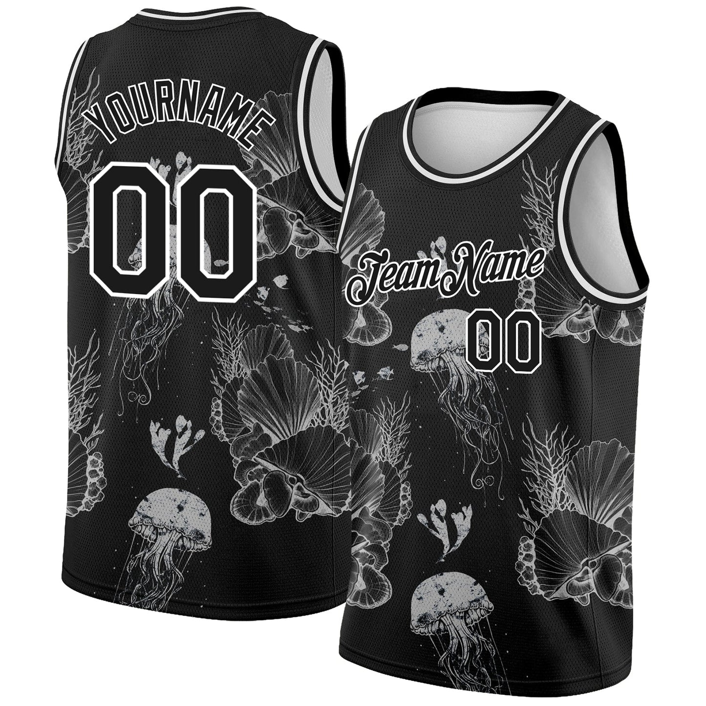 Custom Black White 3D Pattern Design Jellyfishes And Seashells Authentic Basketball Jersey - Main View