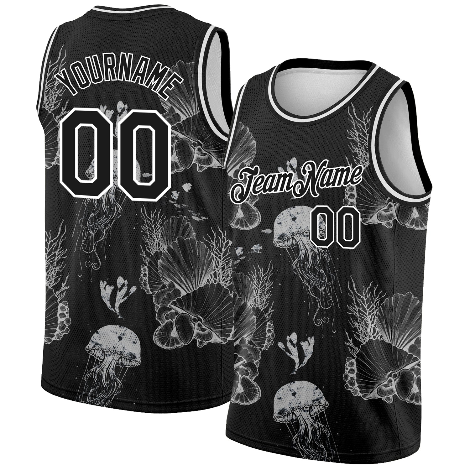 Custom Black White 3D Pattern Design Jellyfishes And Seashells Authentic Basketball Jersey - Main View