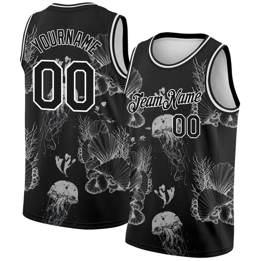 Custom Black White 3D Pattern Design Jellyfishes And Seashells Authentic Basketball Jersey - Main View