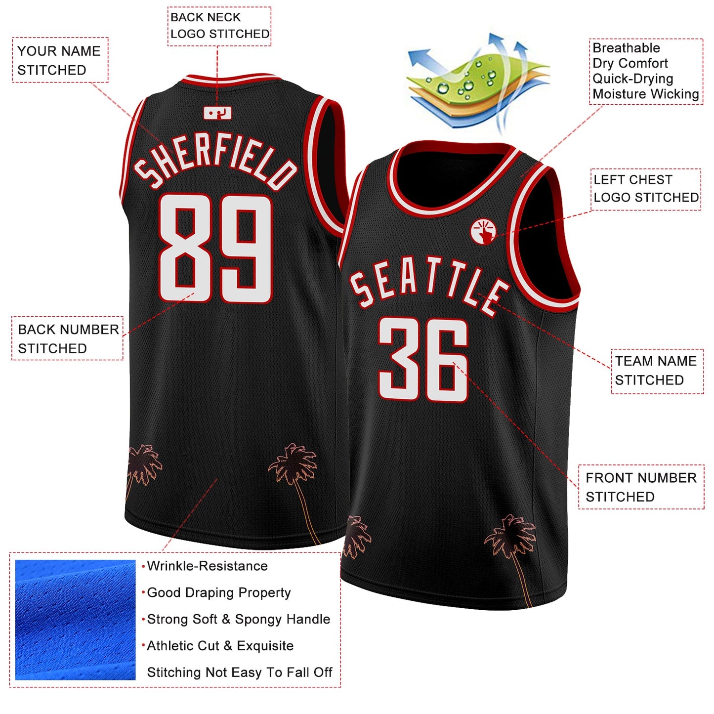 Custom Black White-Red 3D Pattern Hawaii Palm Trees Authentic Basketball Jersey view 2