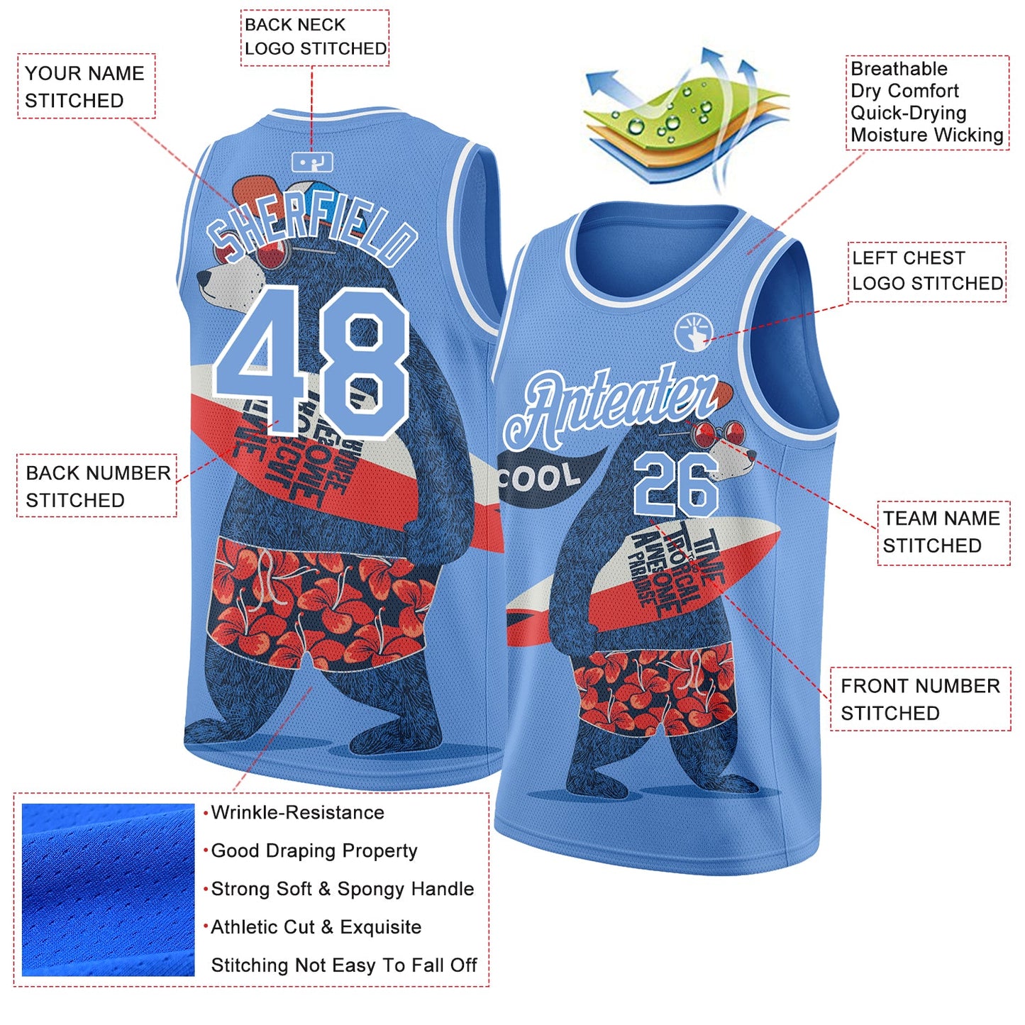 Custom Light Blue White 3D Pattern Go Surfing Authentic Basketball Jersey view 2