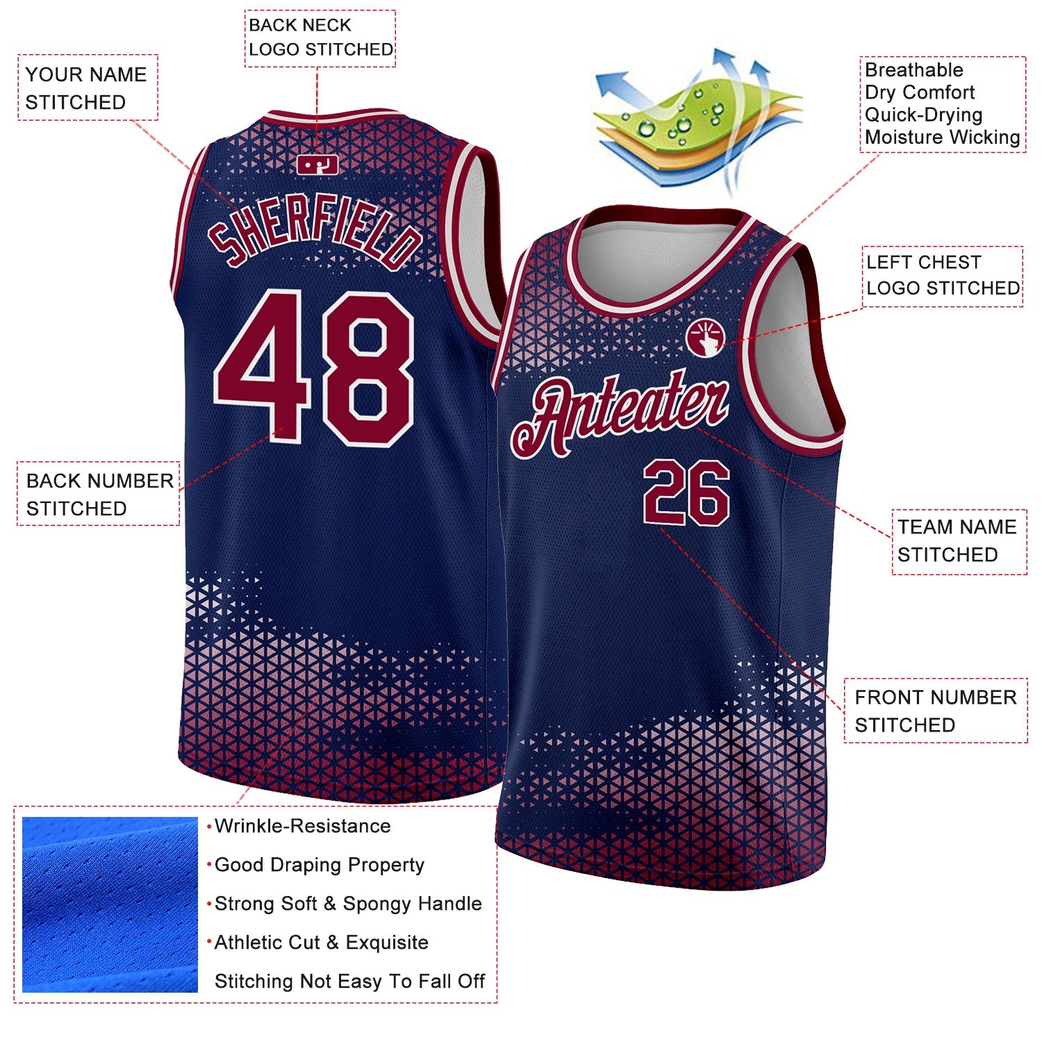 Custom Navy Maroon-White Triangle Shapes Authentic City Edition Basketball Jersey view 2