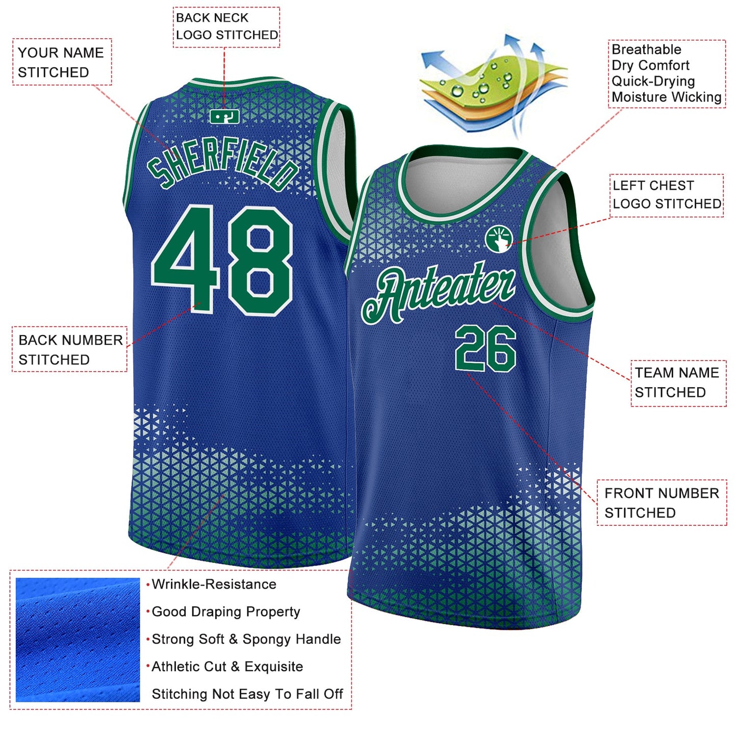 Custom Royal Kelly Green-White Triangle Shapes Authentic City Edition Basketball Jersey view 2