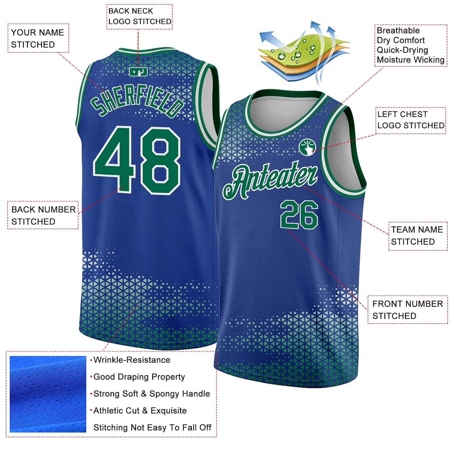 Custom Royal Kelly Green-White Triangle Shapes Authentic City Edition Basketball Jersey view 2