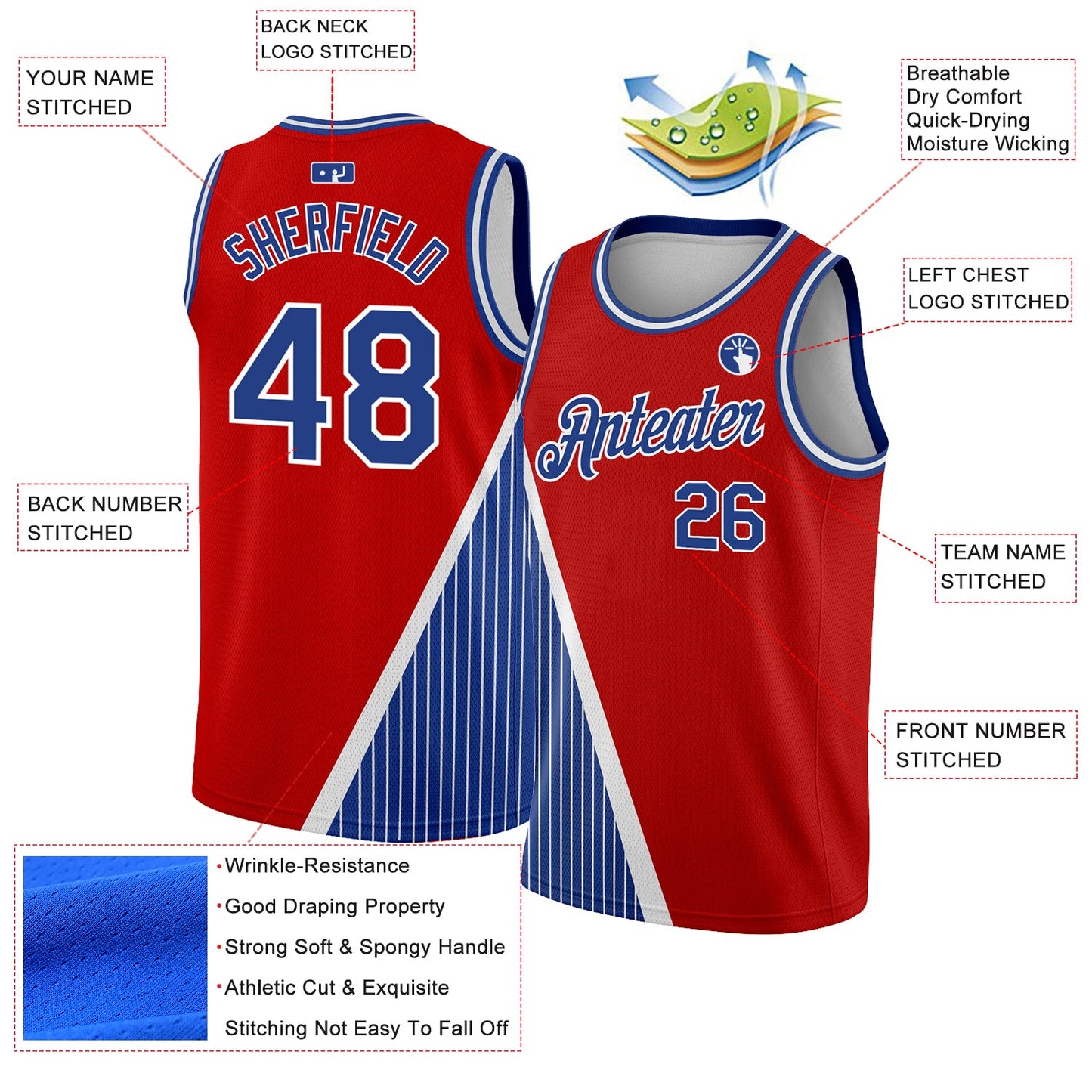Custom Red Royal-White Triangle Pinstripes Authentic City Edition Basketball Jersey view 2