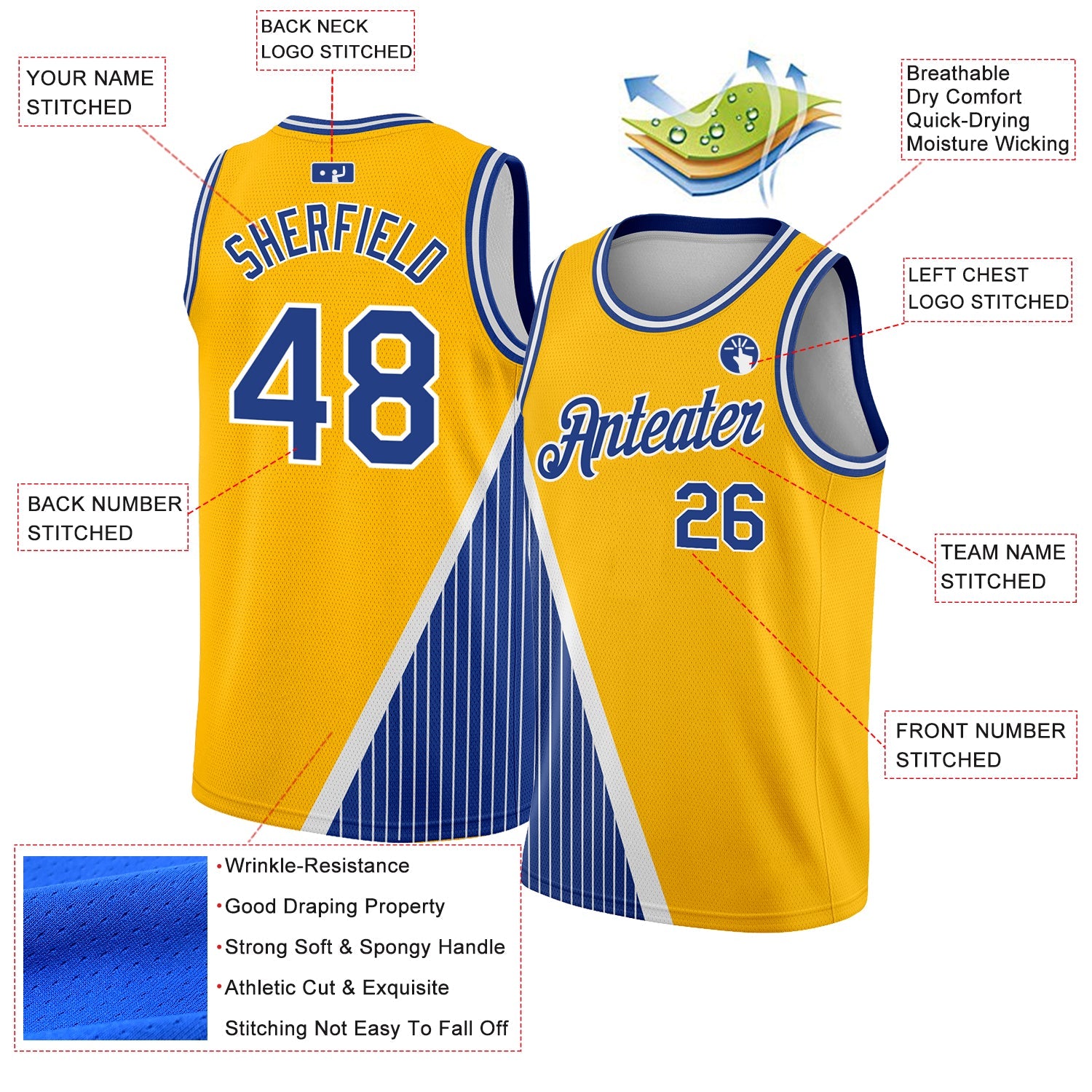 Custom Gold Royal-White Triangle Pinstripes Authentic City Edition Basketball Jersey view 3