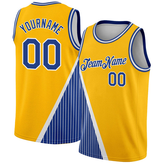 Custom Gold Royal-White Triangle Pinstripes Authentic City Edition Basketball Jersey - Main View
