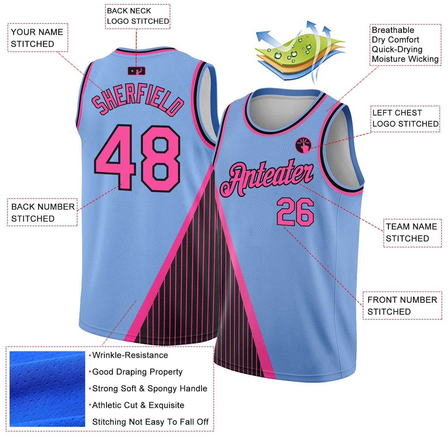 Custom Light Blue Pink-Black Triangle Pinstripes Authentic City Edition Basketball Jersey view 2