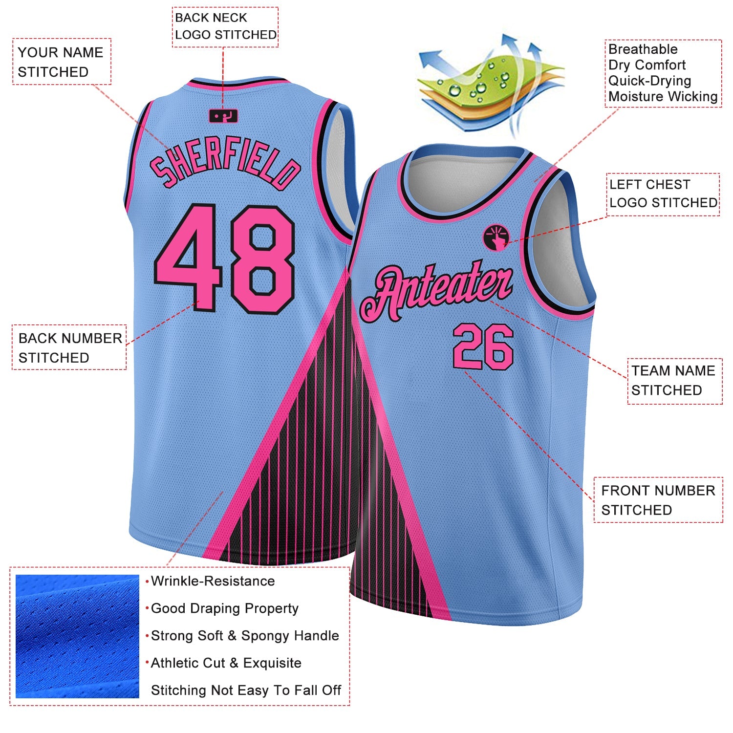 Custom Light Blue Pink-Black Triangle Pinstripes Authentic City Edition Basketball Jersey view 2