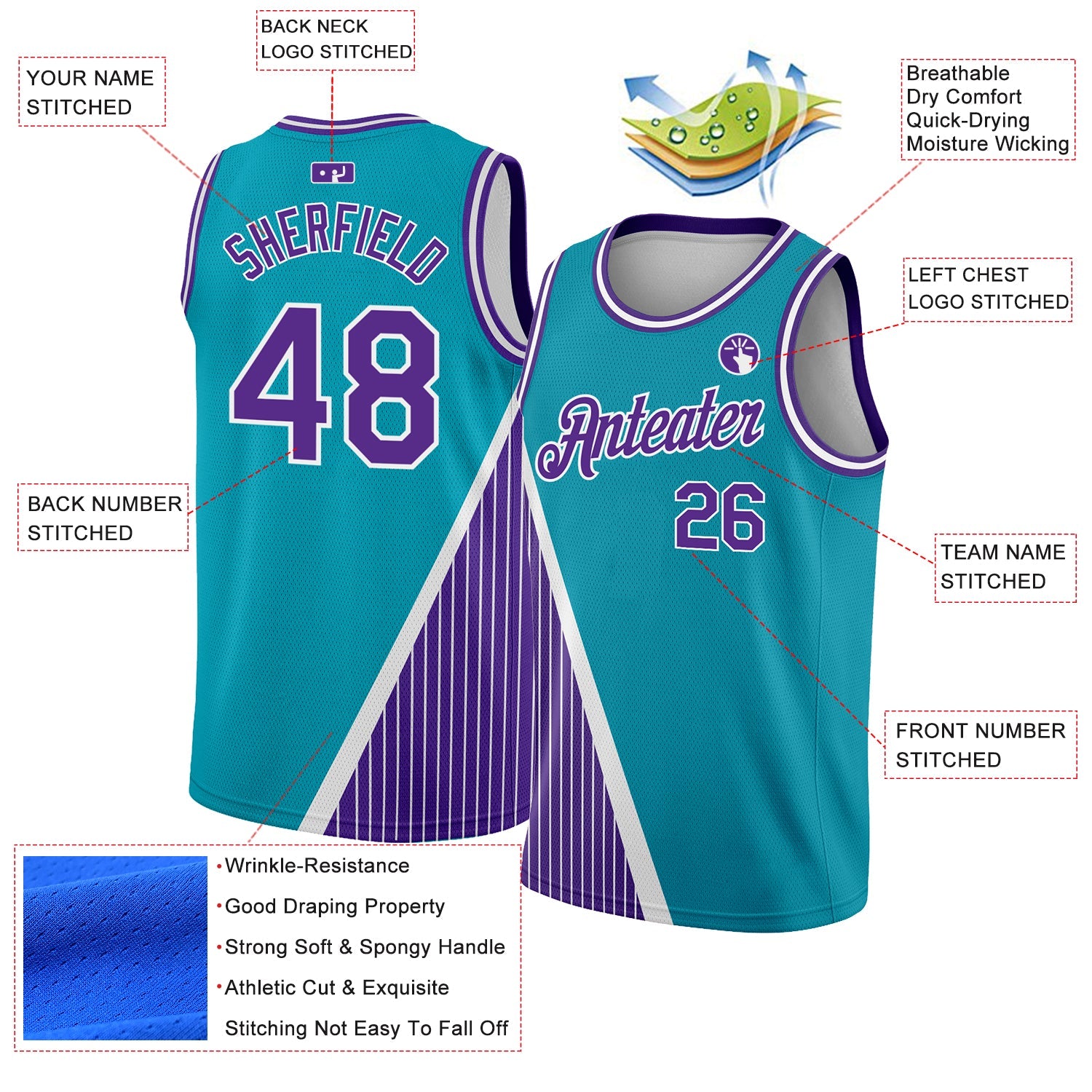 Custom Teal Purple-White Triangle Pinstripes Authentic City Edition Basketball Jersey view 2