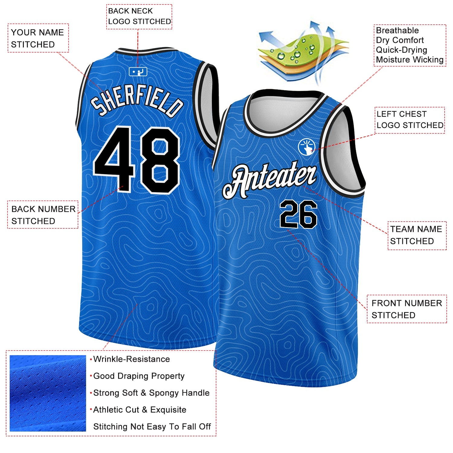Custom Blue Black-White Rounded Zigzag Lines Authentic City Edition Basketball Jersey view 2