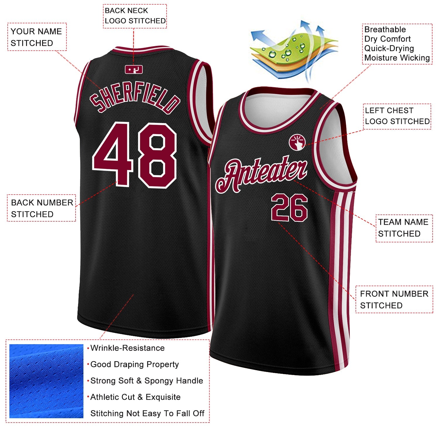 Custom Black Maroon-White Side Stripes Authentic City Edition Basketball Jersey view 2