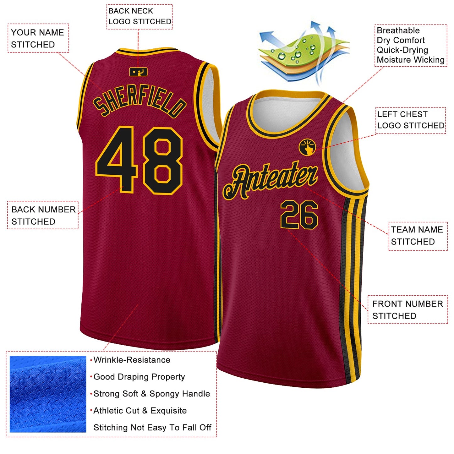 Custom Maroon Black-Gold Side Stripes Authentic City Edition Basketball Jersey view 2