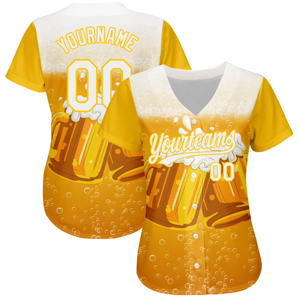 Custom Yellow White 3D Pattern Design International Beer Day Authentic Baseball Jersey view 2