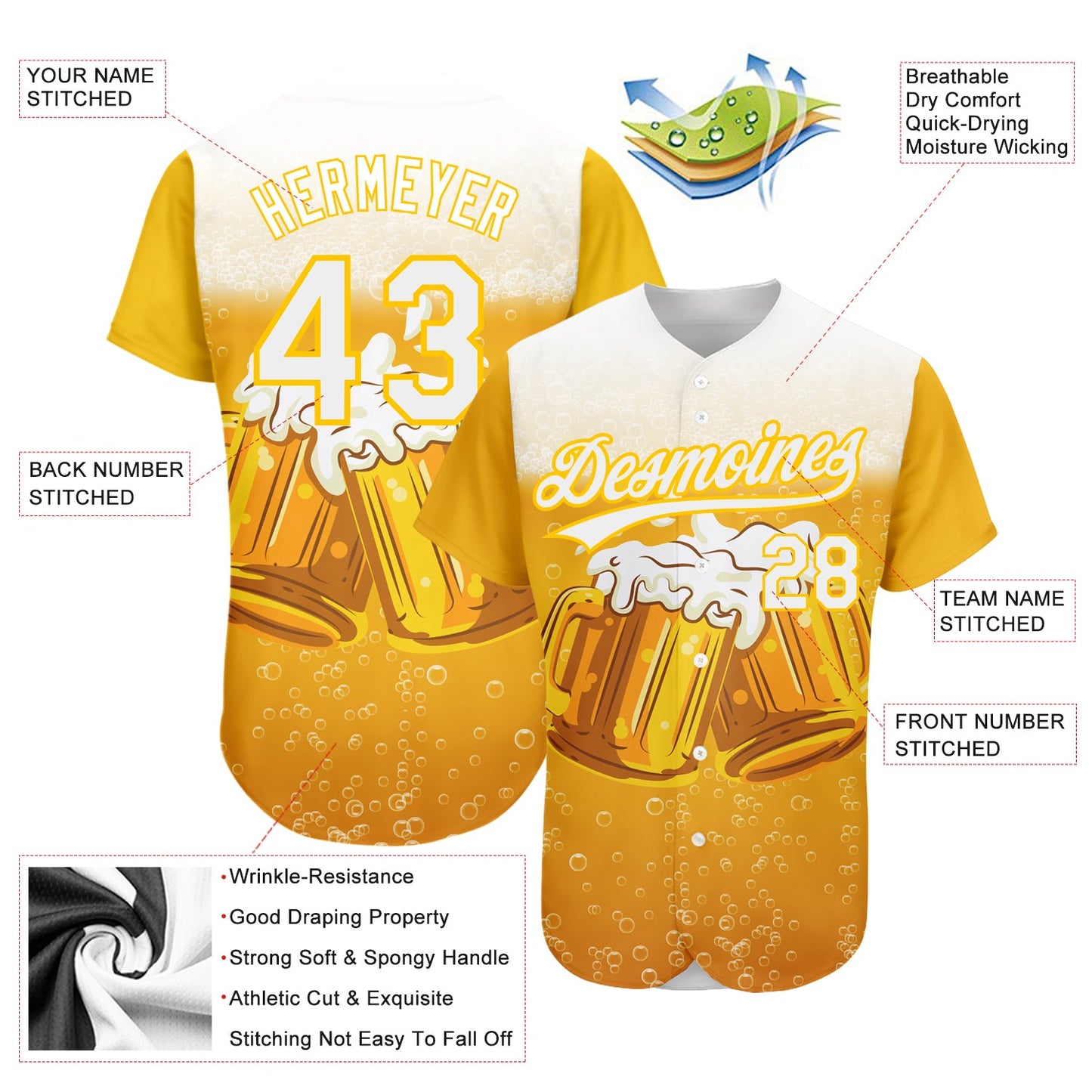 Custom Yellow White 3D Pattern Design International Beer Day Authentic Baseball Jersey view 3
