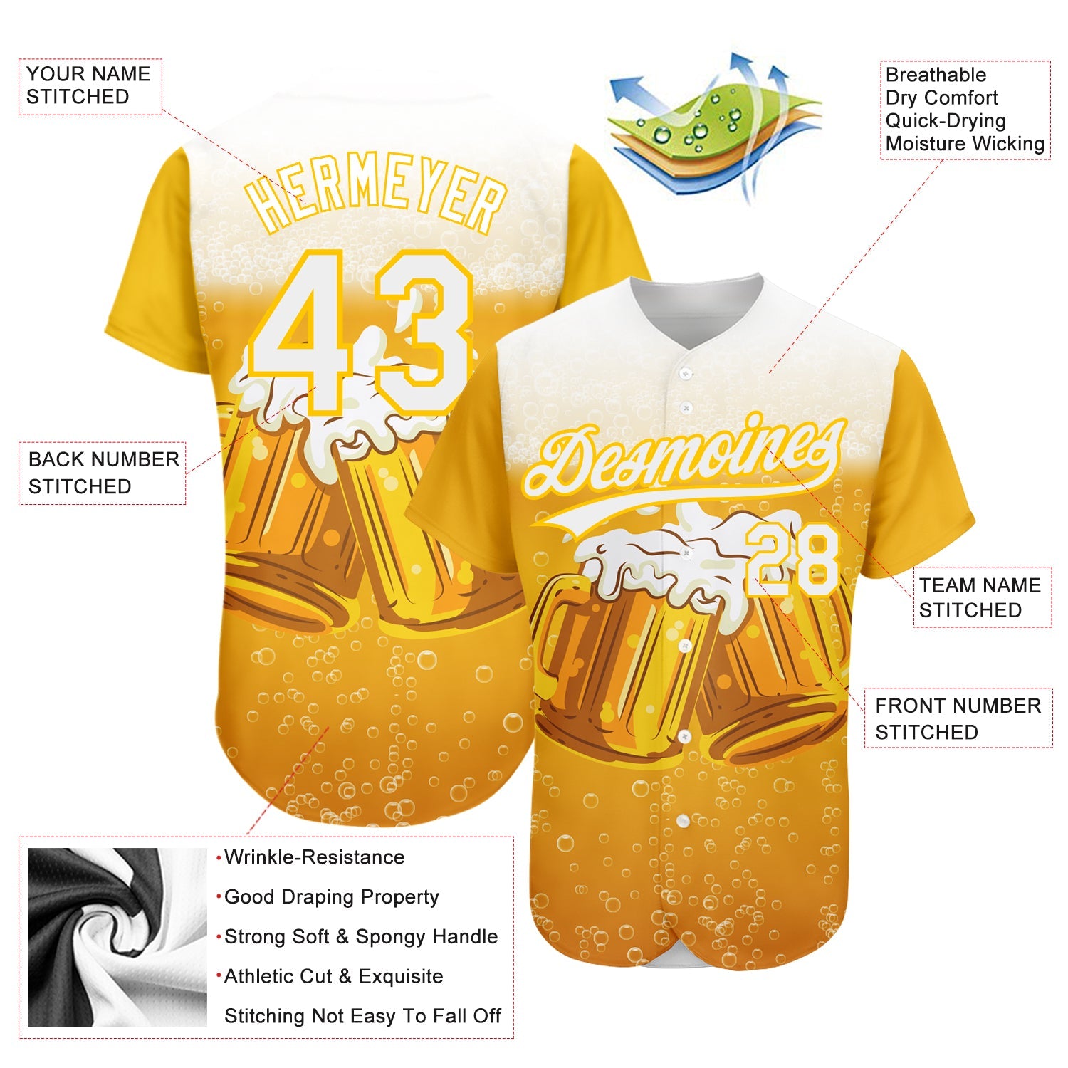Custom Yellow White 3D Pattern Design International Beer Day Authentic Baseball Jersey view 3