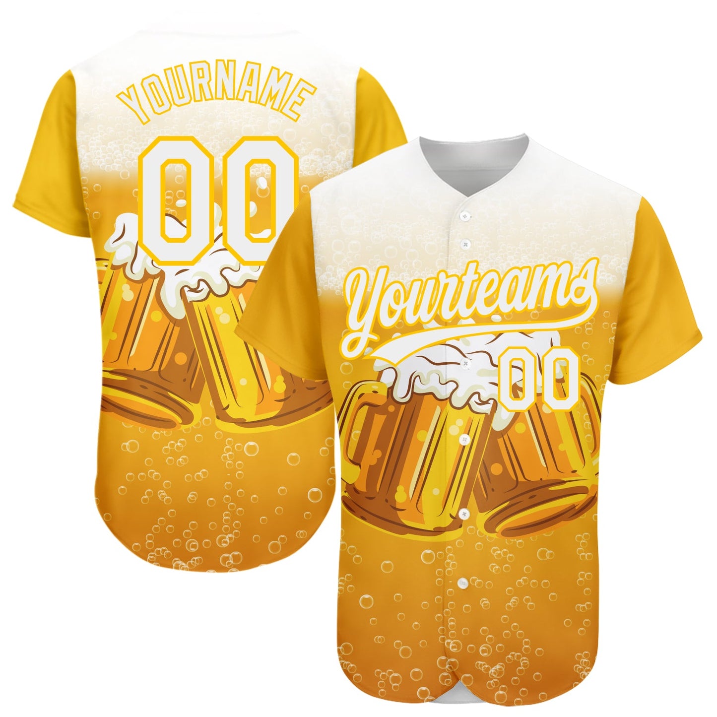Custom Yellow White 3D Pattern Design International Beer Day Authentic Baseball Jersey - Main View