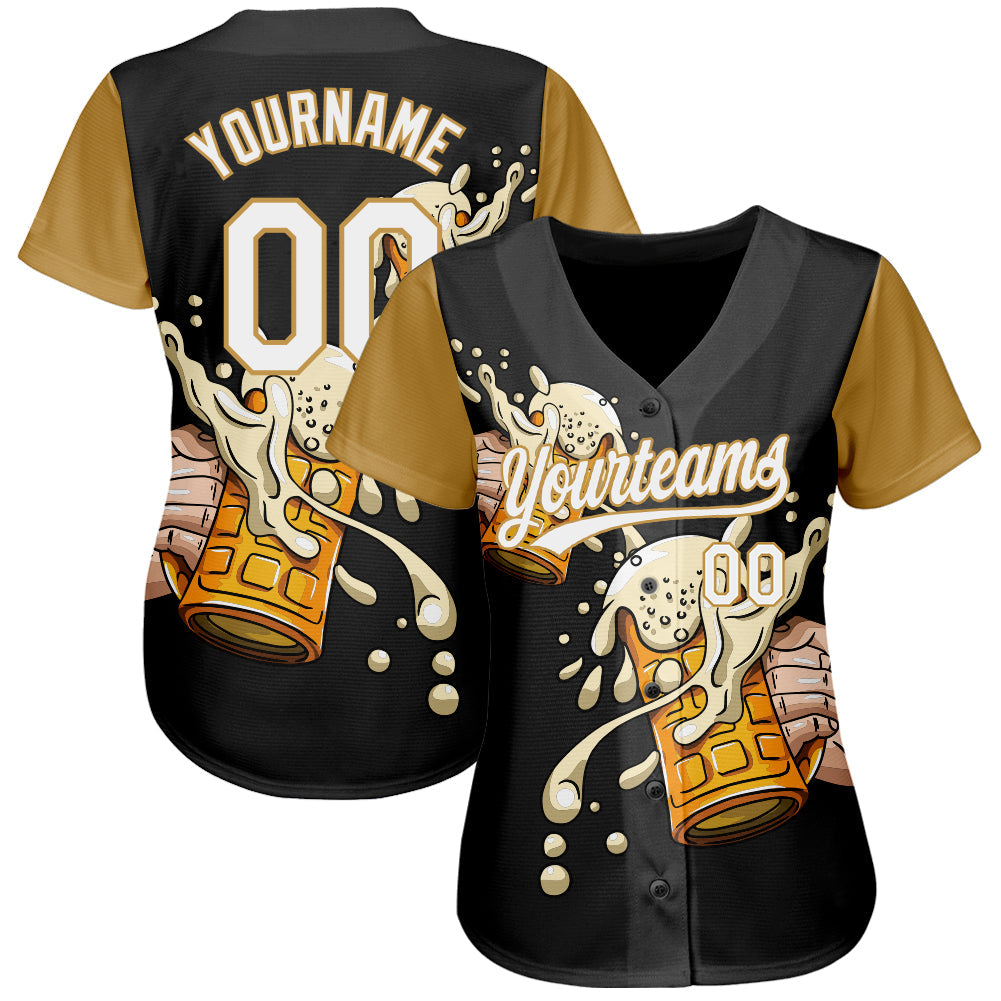 Custom Black White-Old Gold 3D Pattern Design Beer Festival Authentic Baseball Jersey view 2