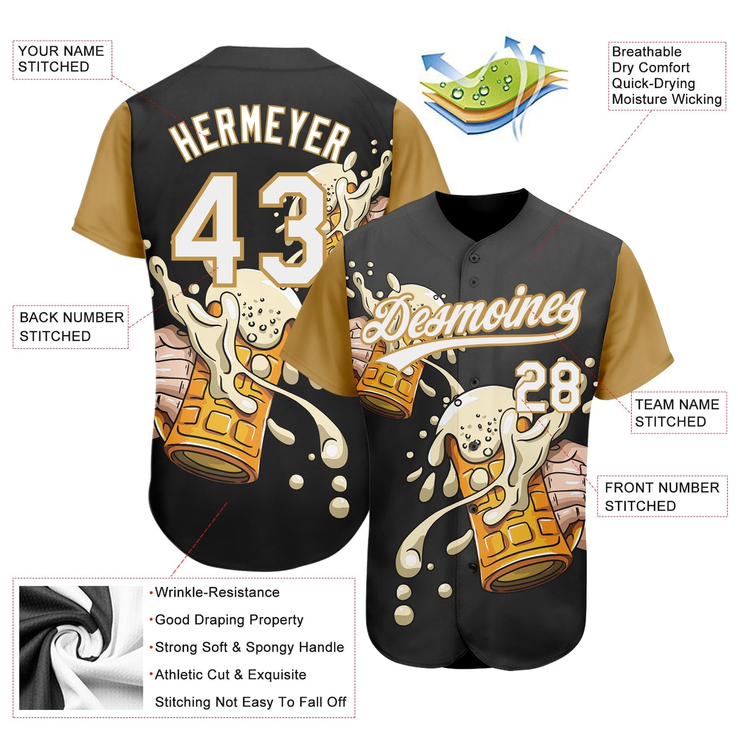Custom Black White-Old Gold 3D Pattern Design Beer Festival Authentic Baseball Jersey view 3