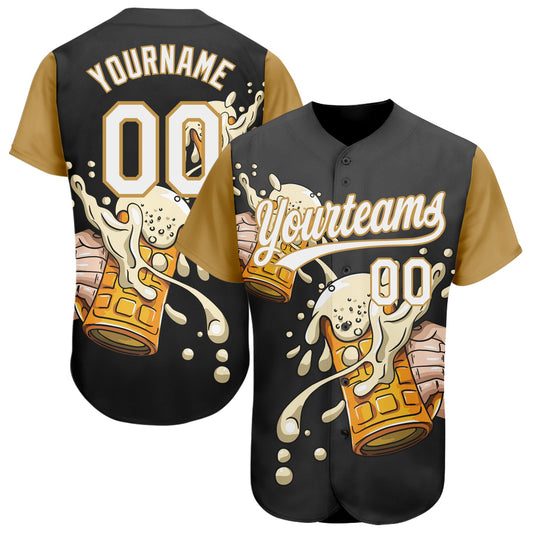 Custom Black White-Old Gold 3D Pattern Design Beer Festival Authentic Baseball Jersey - Main View