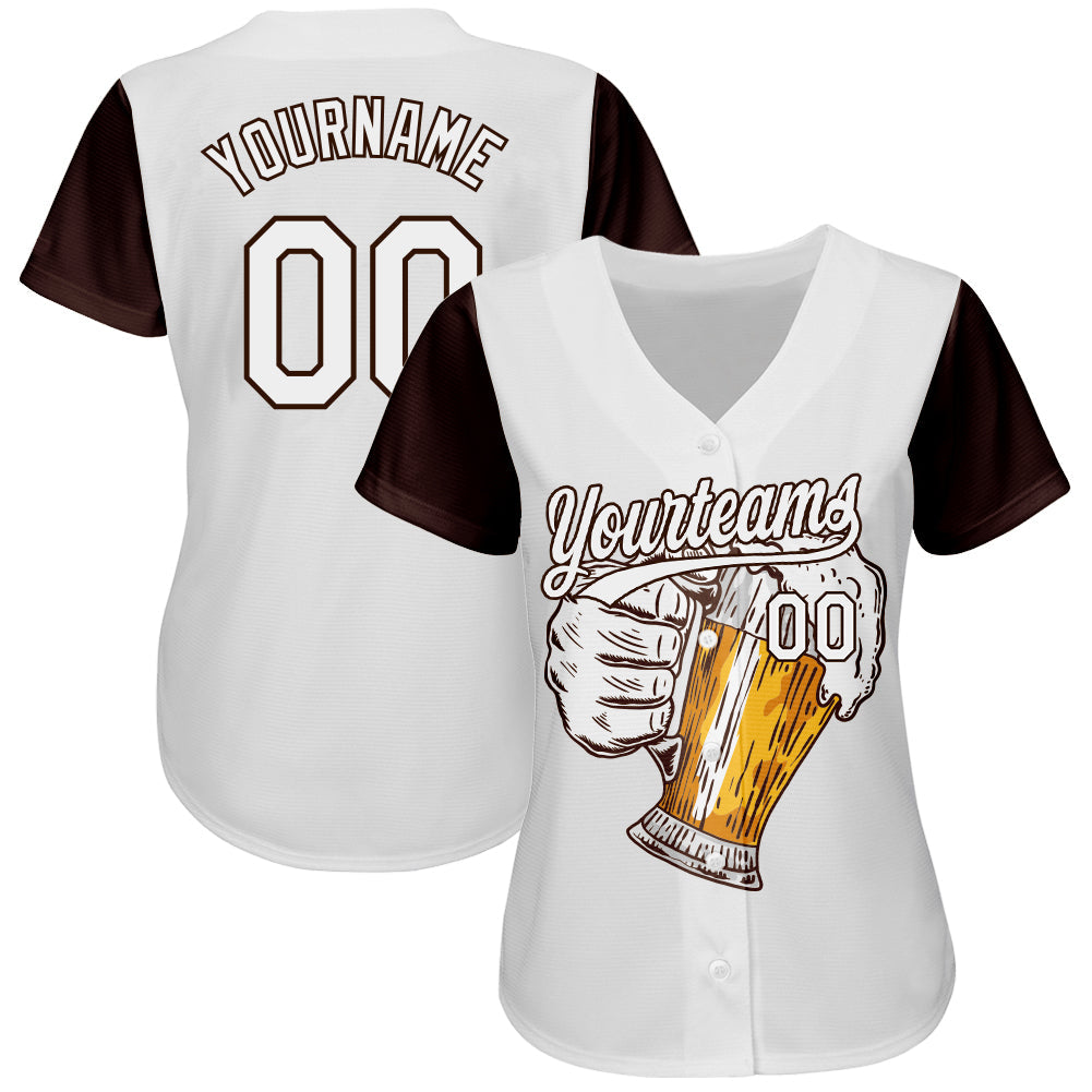 Custom White Brown 3D Pattern Design Beer Festival Authentic Baseball Jersey view 2