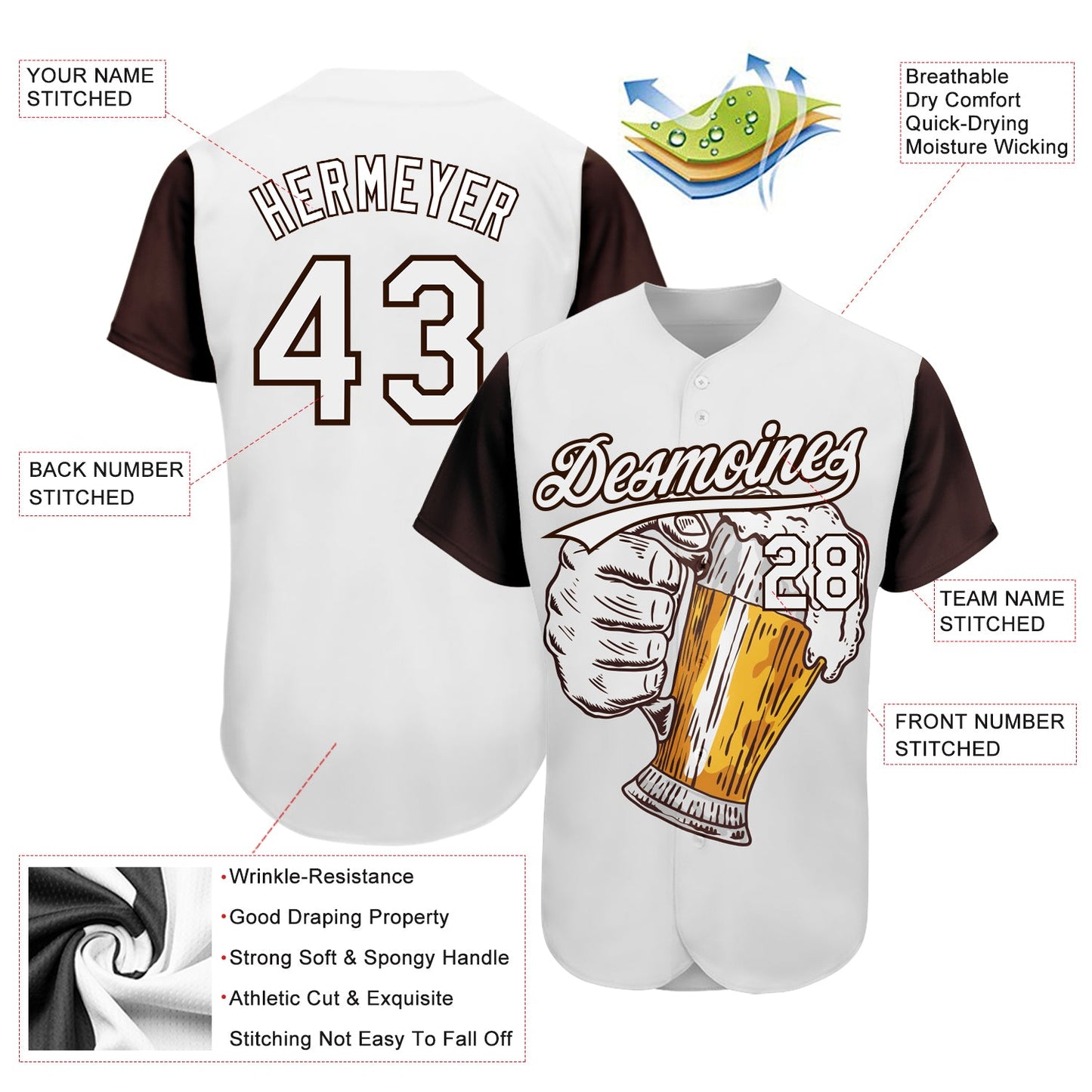 Custom White Brown 3D Pattern Design Beer Festival Authentic Baseball Jersey view 3