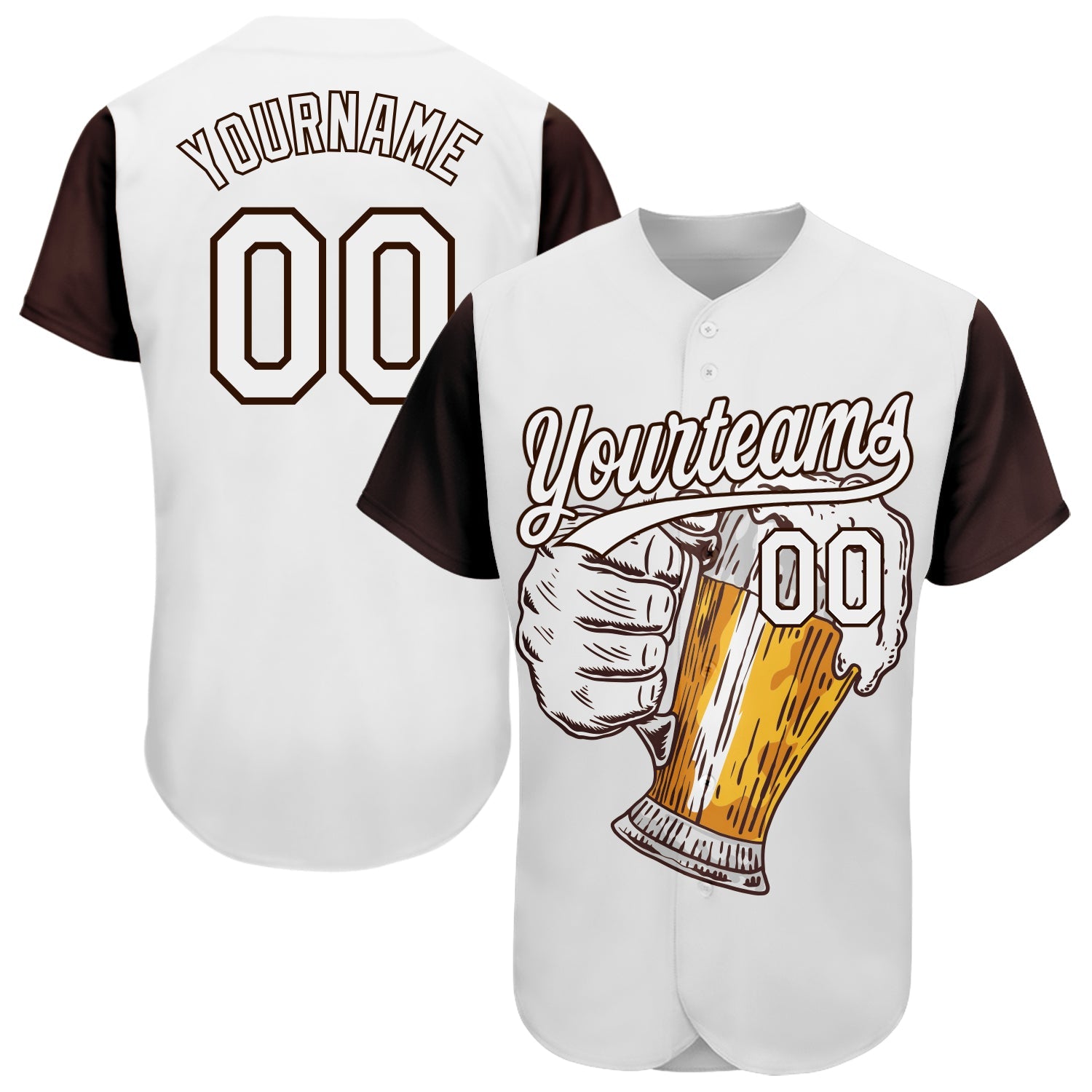 Custom White Brown 3D Pattern Design Beer Festival Authentic Baseball Jersey - Main View