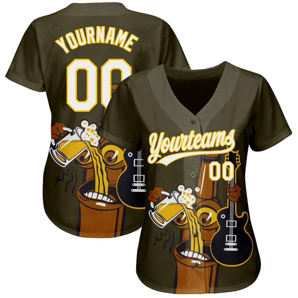 Custom Olive White-Yellow 3D Pattern Design Beer And Music Authentic Baseball Jersey view 2