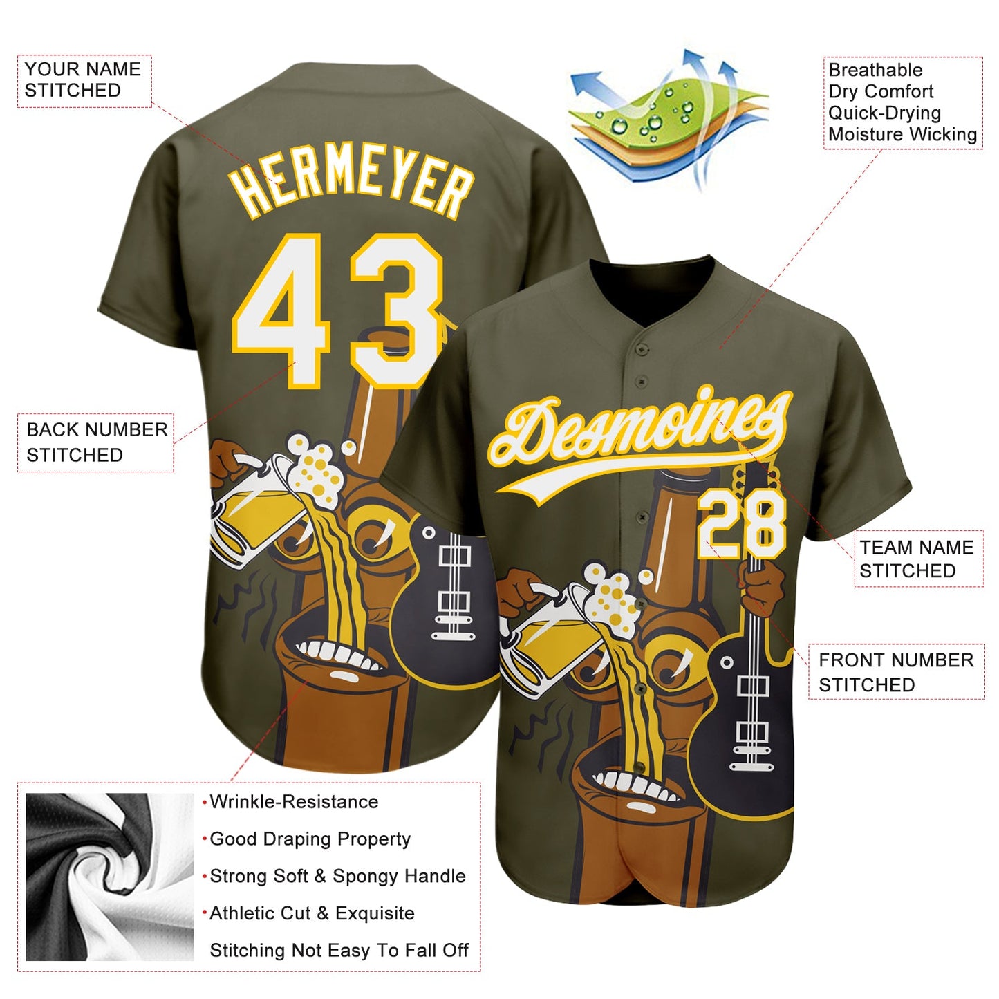 Custom Olive White-Yellow 3D Pattern Design Beer And Music Authentic Baseball Jersey view 3